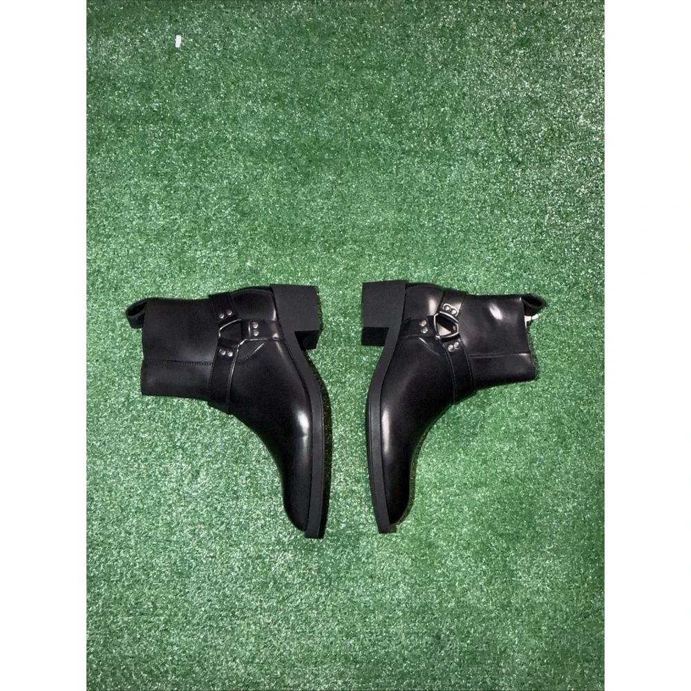 Zara Men's Black Buckle Cowboy Boots Size 8 Side Zip Western Ankle Boots